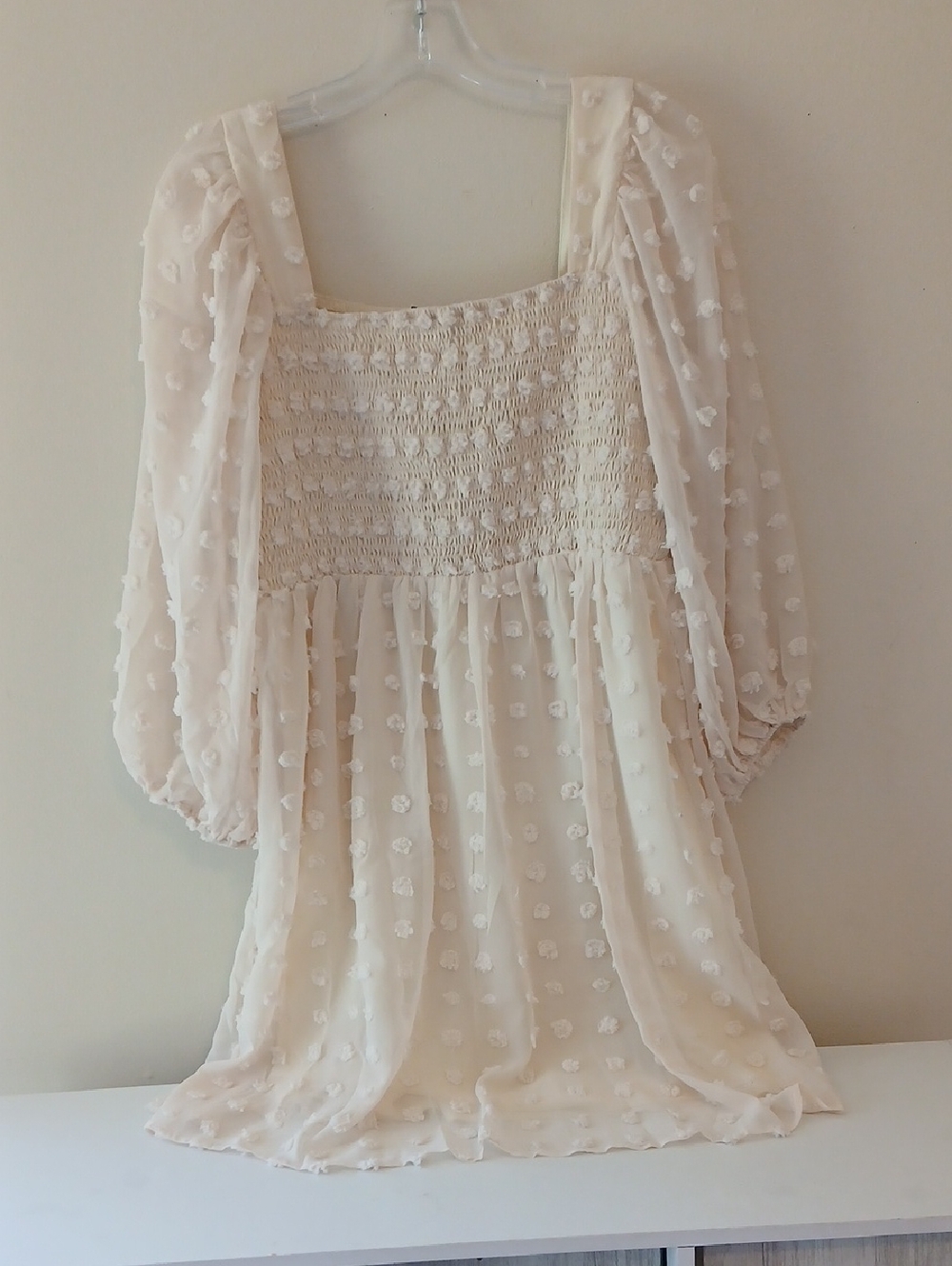 Simple Cream Swiss Dot Smocked Puff Sleeve Tunic Dress